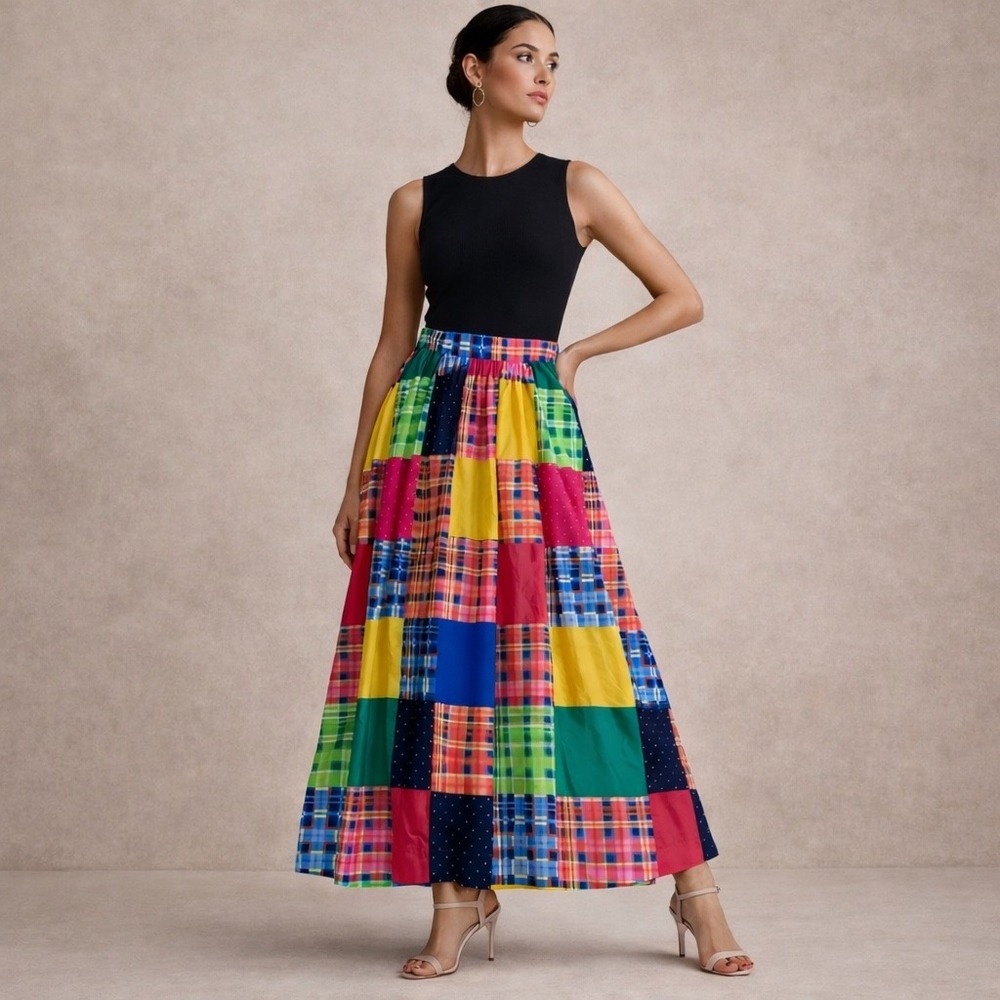 Maeve Colorblock Patchwork Maxi Skirt - Blue, Yellow, Green, Pink, Red